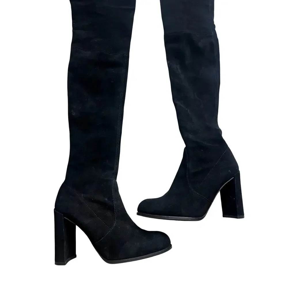 Stuart Weitzman Highland Over the Knee Boots Black Suede Heeled size 7